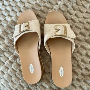 Women's Beige Slide Sandals with Gold Buckle
